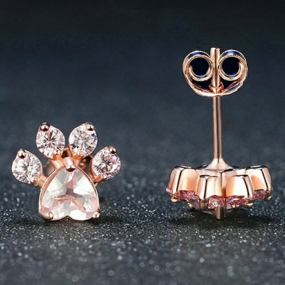 Rose Gold Pink Heart Paw Print Earrings - Picture 2 of 3
